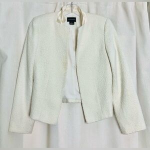 Club Monaco Ivory Bouclé Tweed Jacket Women Sz 2 Open Cropped Blazer Silk Collar